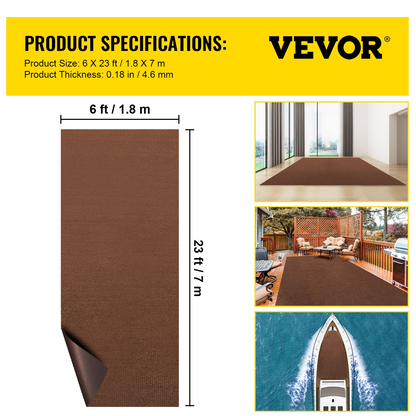 VEVOR Marine Carpet, 6 x 23 ft Boat Carpeting, Deep Brown Marine Grade Boat Carpet, Indoor/Outdoor Marine Carpeting with Water-Proof TPR Backing, Water-Proof Carpet Roll for Home, Patio, Porch, Deck