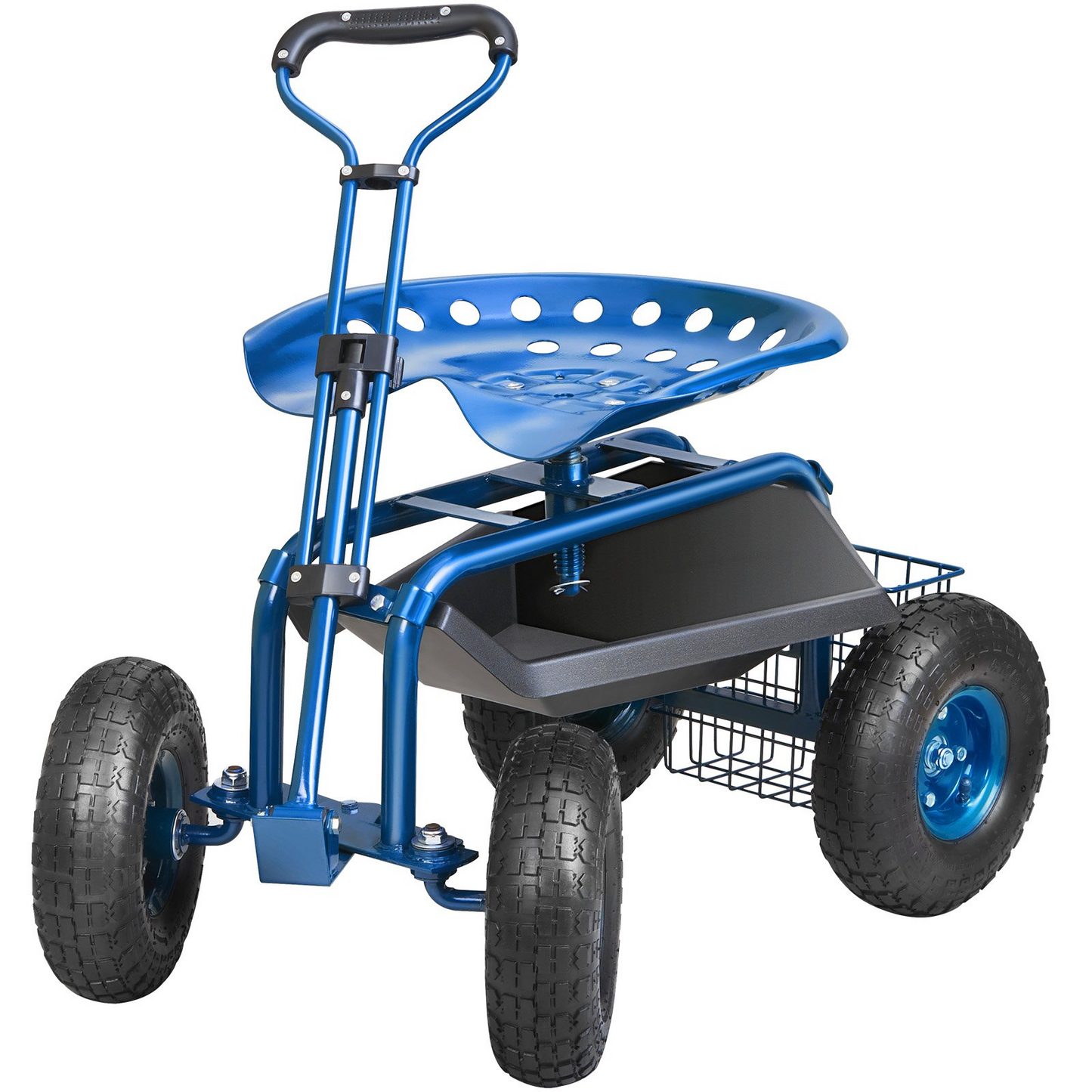 VEVOR Garden Cart Rolling Workseat with Wheels, Gardening Stool for Planting, 360 Degree Swivel Seat, Wagon Scooter with Steering Handle & Utility Tool Tray, Use for Patio, Yard, and Outdoors, Blue