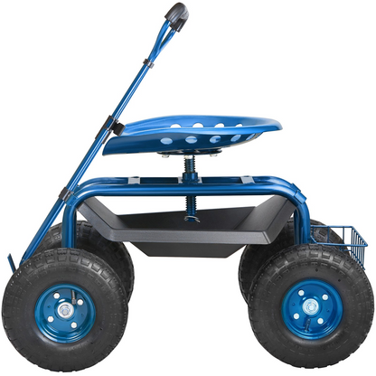 VEVOR Garden Cart Rolling Workseat with Wheels, Gardening Stool for Planting, 360 Degree Swivel Seat, Wagon Scooter with Steering Handle & Utility Tool Tray, Use for Patio, Yard, and Outdoors, Blue