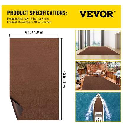 VEVOR Marine Carpet, 6 x 13 ft Boat Carpeting, Deep Brown Marine Grade Boat Carpet, Indoor/Outdoor Marine Carpeting with Water-Proof TPR Backing, Water-Proof Carpet Roll for Home, Patio, Porch, Deck