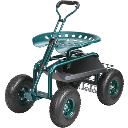 VEVOR Garden Cart Rolling Workseat with Wheels, Gardening Stool for Planting, 360 Degree Swivel Seat, Wagon Scooter with Steering Handle & Utility Tool Tray, Use for Patio, Yard, and Outdoors, Green