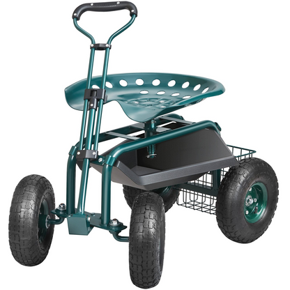 VEVOR Garden Cart Rolling Workseat with Wheels, Gardening Stool for Planting, 360 Degree Swivel Seat, Wagon Scooter with Steering Handle & Utility Tool Tray, Use for Patio, Yard, and Outdoors, Green