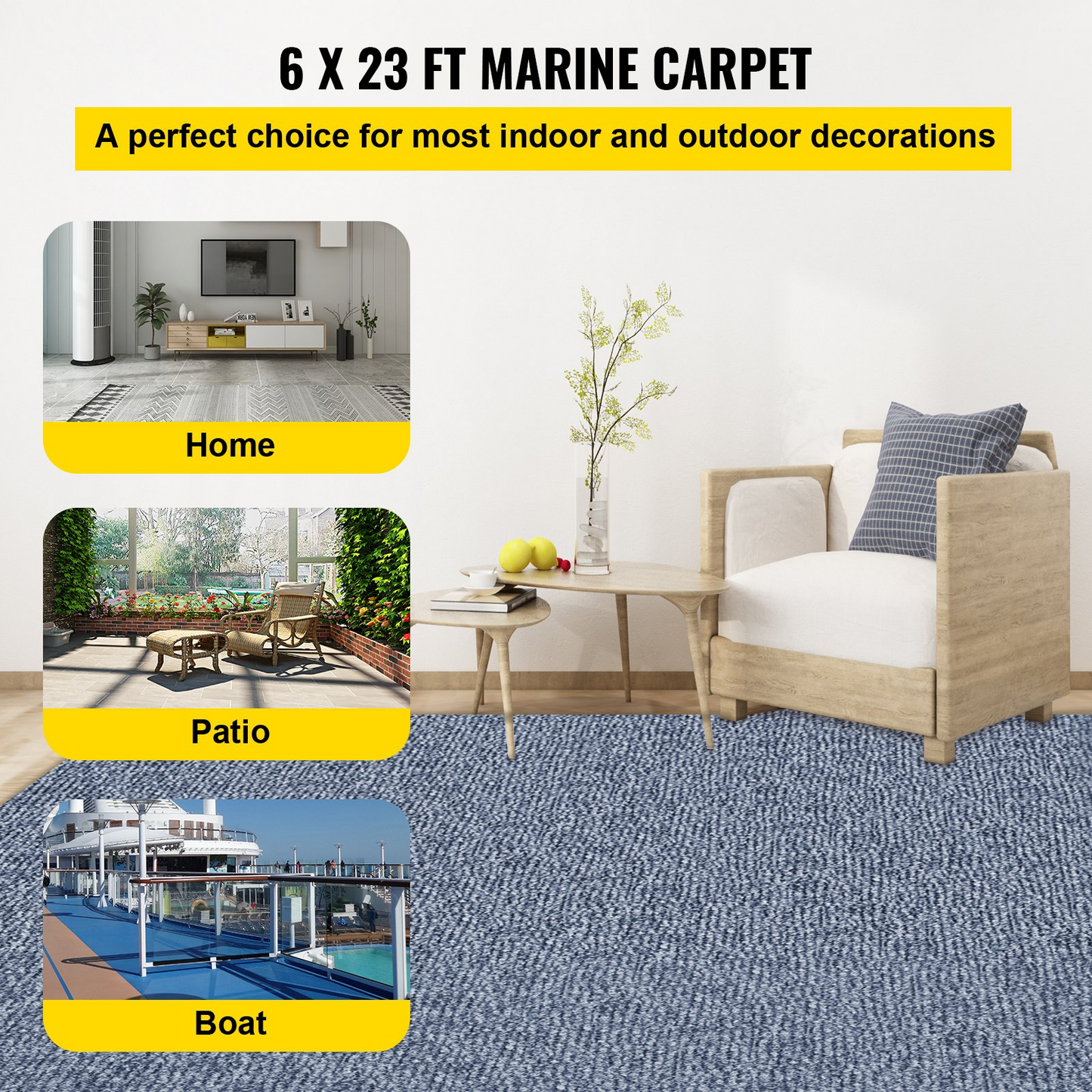 VEVOR Gray Marine Carpet 6 ft x 23 ft Boat Carpet Rugs Indoor Outdoor Rugs for Patio Deck Anti-Slide TPR Water-Proof Back Cut Outdoor Marine Carpeting Easy Clean Outdoor Carpet Roll