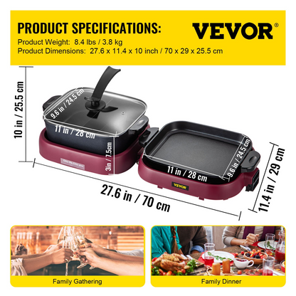 VEVOR 2 in 1 Electric BBQ Pan Grill Hot Pot Foldable Hot Pot BBQ Grill 2100W