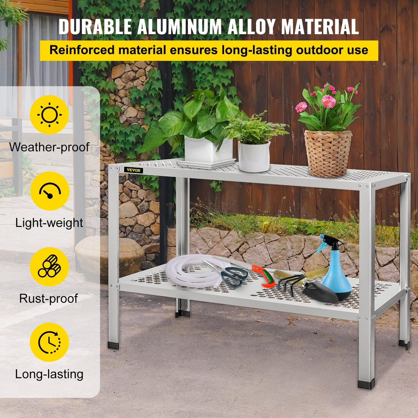 VEVOR Potting Bench, 42" L x 24" W x 32" H, Aluminum Alloy Outdoor Workstation with Rubber Feet, Multi-use Double Layers Gardening Table for Greenhouse, Patio, Porch, Backyard, Silver