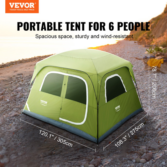 VEVOR Camping Tent, 10 x 9 x 6.5 ft Fit for 6 Person, Waterproof Lightweight Backpacking Tent, Easy Setup, with Door and Window, for Outdoor Family Camping, Hiking, Hunting, Mountaineering Travel