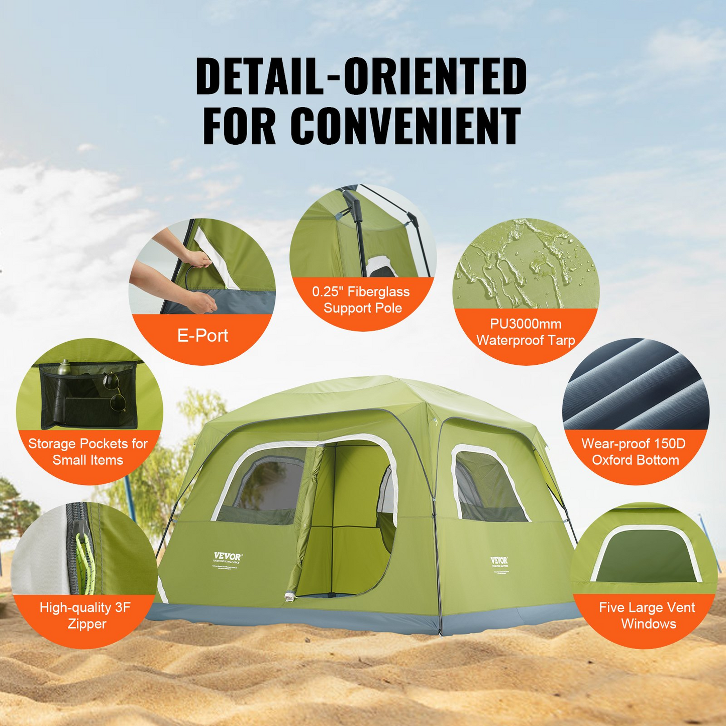 VEVOR Camping Tent, 10 x 9 x 6.5 ft Fit for 6 Person, Waterproof Lightweight Backpacking Tent, Easy Setup, with Door and Window, for Outdoor Family Camping, Hiking, Hunting, Mountaineering Travel