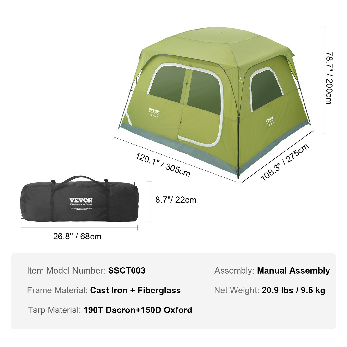 VEVOR Camping Tent, 10 x 9 x 6.5 ft Fit for 6 Person, Waterproof Lightweight Backpacking Tent, Easy Setup, with Door and Window, for Outdoor Family Camping, Hiking, Hunting, Mountaineering Travel