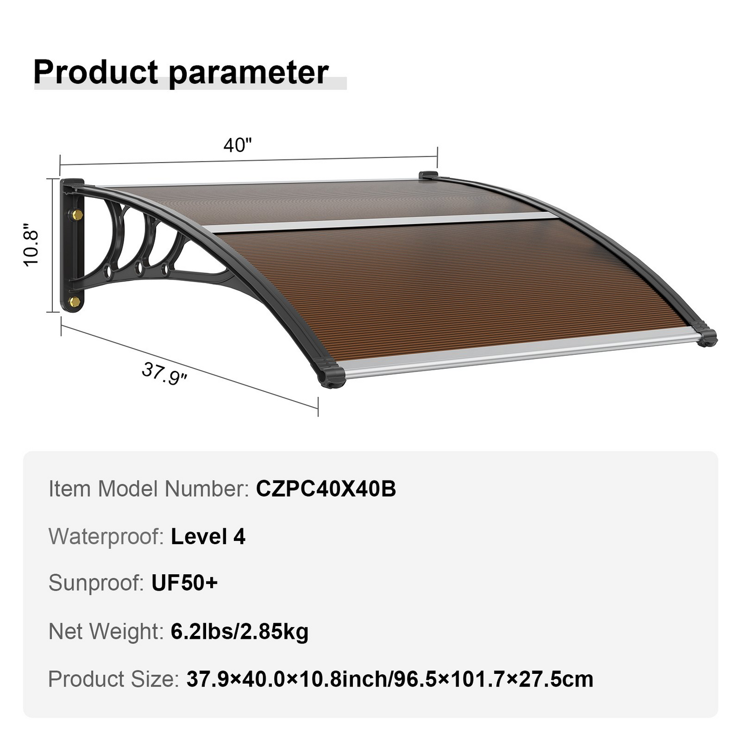 VEVOR Window Door Awning Canopy 40" x 40", UPF 50+ Polycarbonate Entry Door Outdoor Window Awning Exterior, Front Door Overhang Awning for Sun Shutter, UV, Rain, Snow Protection, Hollow Sheet