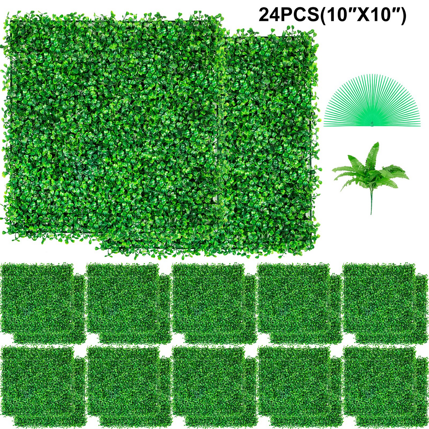 VEVOR Artificial Boxwood Panel UV 24pcs Boxwood Hedge Wall Panels Artificial Grass Backdrop Wall 10" X 10" 4 cm Green Grass Wall, Fake Hedge for Decor Privacy Fence Indoor, Outdoor Garden Backyard