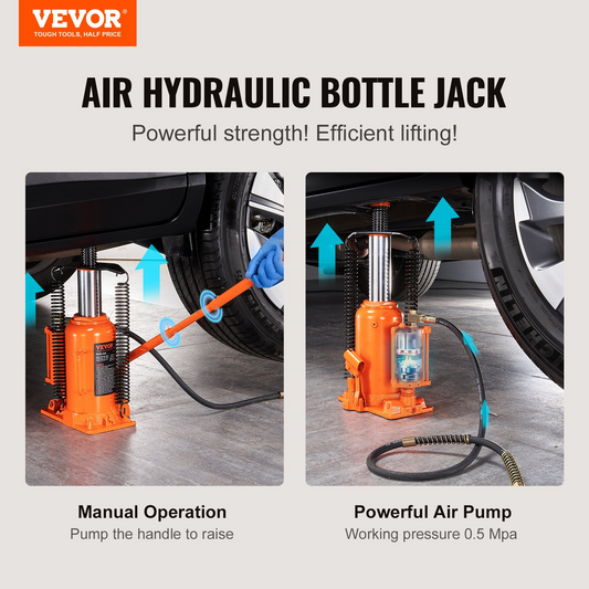 VEVOR Air Hydraulic Bottle Jack, 20 Ton/40000 LBS All Welded Bottle Jack, 10.4-19.7 inch Lifting Range, Manual Handle and Air Pump, for Car, Pickup, Truck, RV, Auto Repair, Industrial Engineering