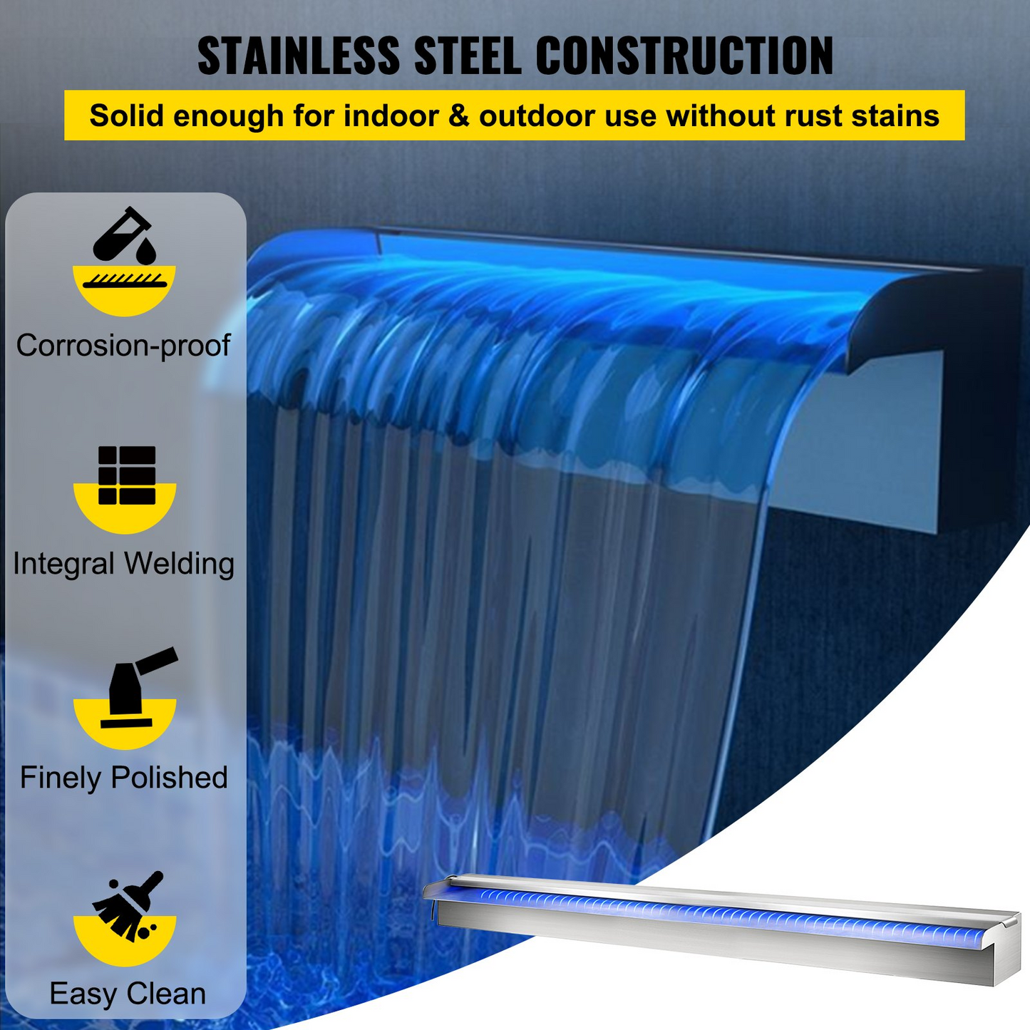 VEVOR Pool Fountain Stainless Steel Pool Waterfall 35.4" x 4.5" x 3.1"(W x D x H) with LED Strip Light Waterfall Spillway with Pipe Connector Rectangular Garden Outdoor