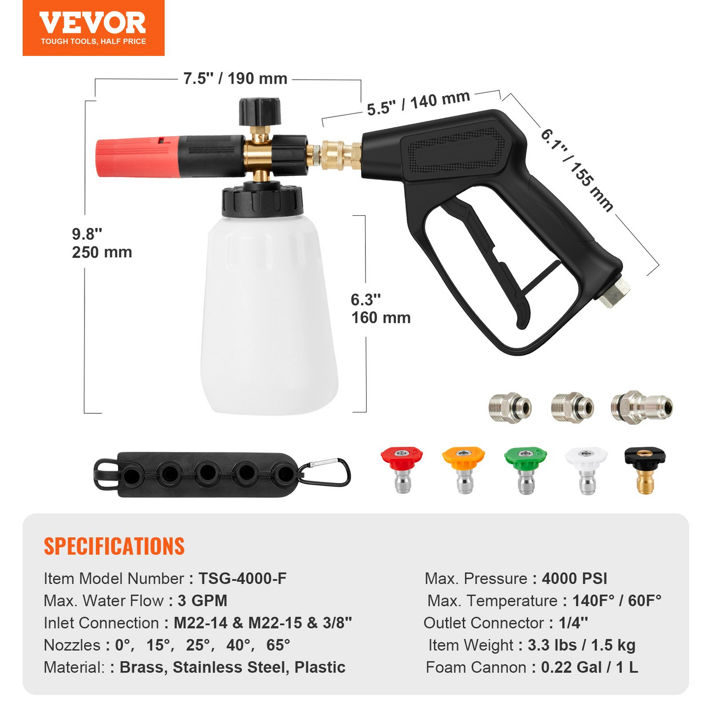 VEVOR Pressure Washer Gun Set, 0.22 Gal Foam Cannon, 4000 PSI Washer Spay Gun with 1/4 Inch Quick Connector & 5 Nozzle Tips, Pressure Washer Handle with M22-14 mm & M22-15mm & 3/8'' Inlet Connector