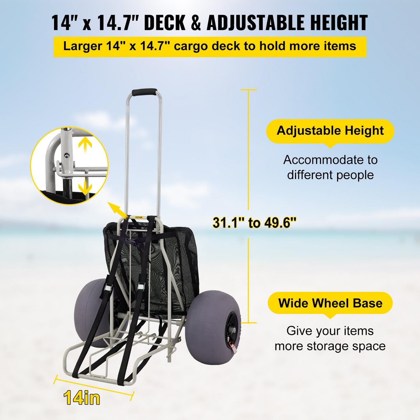 VEVOR Beach Carts for Sand, 14" x 14.7" Cargo Deck, w/ 13" TPU Balloon Wheels, 165LBS Loading Capacity Folding Sand Cart & 29.5" to 49.2" Adjustable Height, Heavy Duty Cart for Picnic, Fishing, Beach