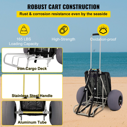 VEVOR Beach Carts for Sand, 14" x 14.7" Cargo Deck, w/ 13" TPU Balloon Wheels, 165LBS Loading Capacity Folding Sand Cart & 29.5" to 49.2" Adjustable Height, Heavy Duty Cart for Picnic, Fishing, Beach