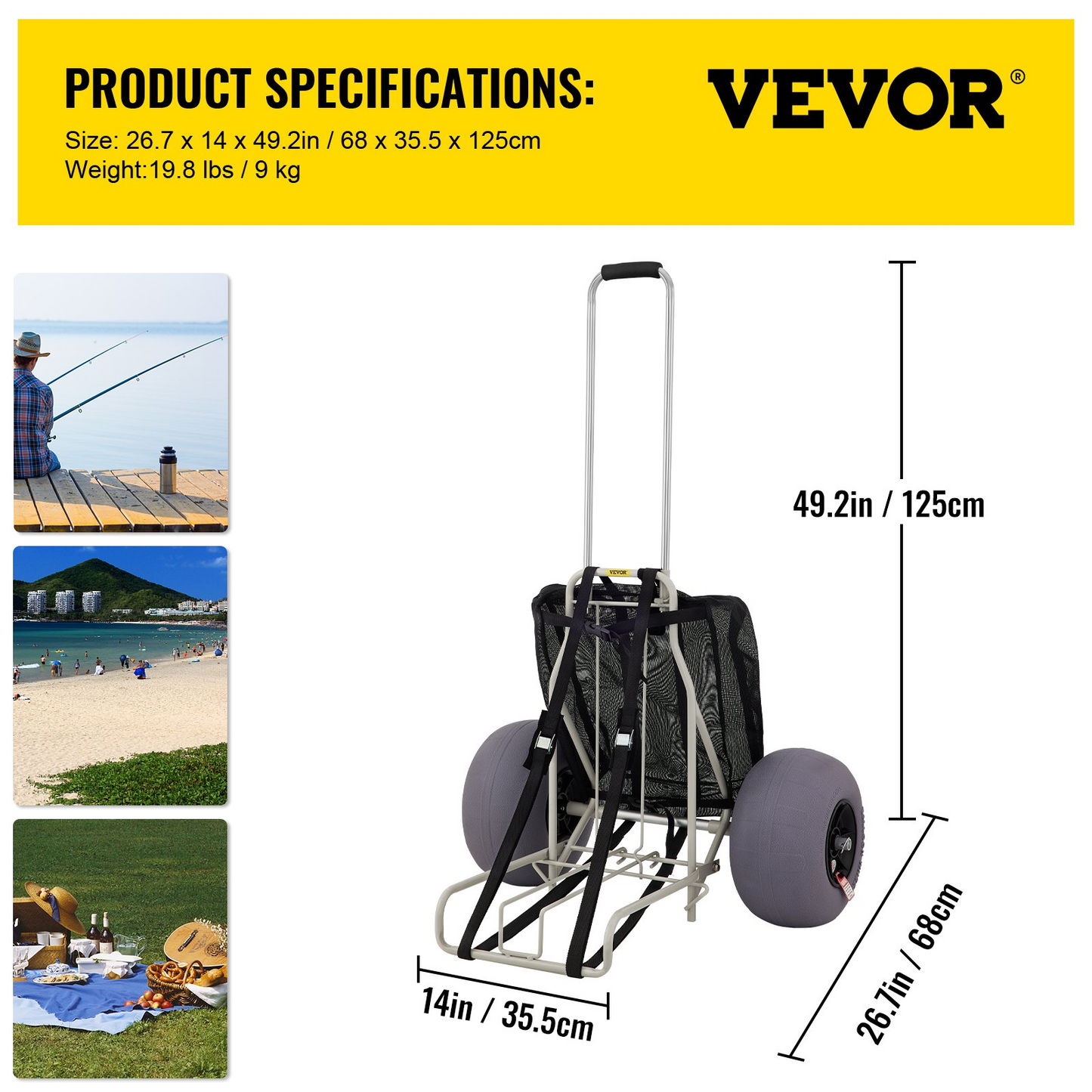 VEVOR Beach Carts for Sand, 14" x 14.7" Cargo Deck, w/ 13" TPU Balloon Wheels, 165LBS Loading Capacity Folding Sand Cart & 29.5" to 49.2" Adjustable Height, Heavy Duty Cart for Picnic, Fishing, Beach