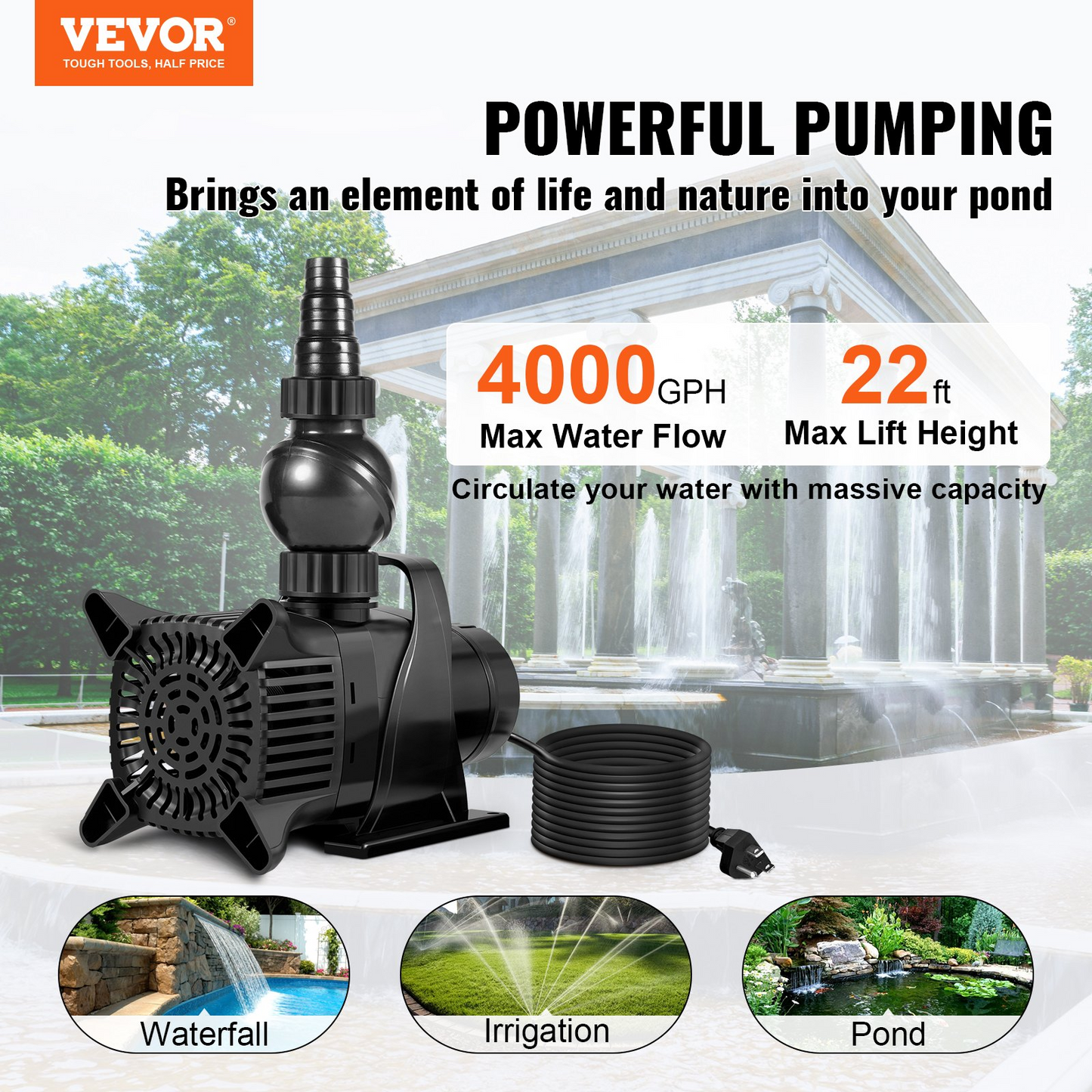 VEVOR Submersible Water Pump 4000GPH Pond Pump 22FT 330W for Waterfall Fountain