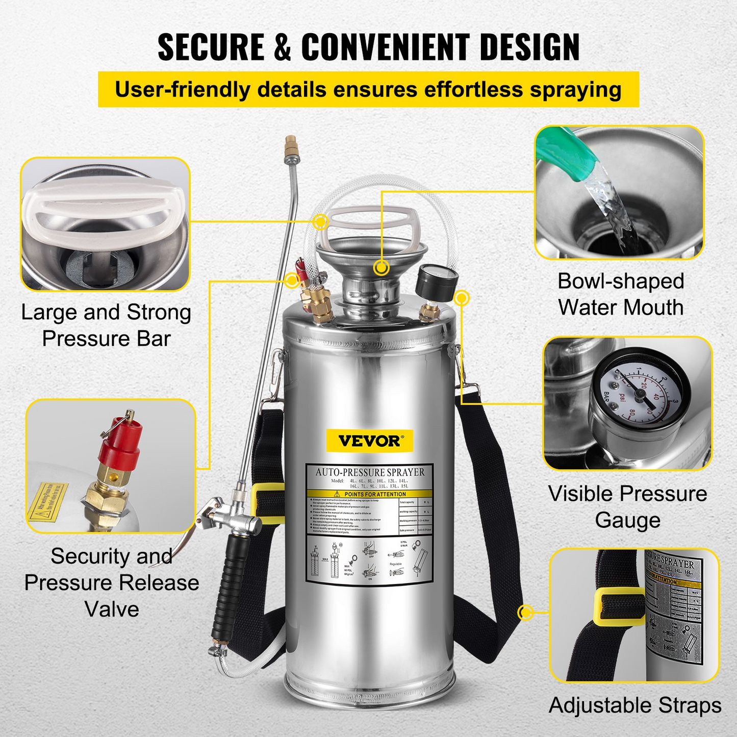 VEVOR 2Gal Stainless Steel Sprayer, Set with 20" Wand& Handle& 3FT Reinforced Hose, Hand Pump Sprayer with Pressure Gauge&Safety Valve, Adjustable Nozzle Suitable for Gardening and Sanitizing