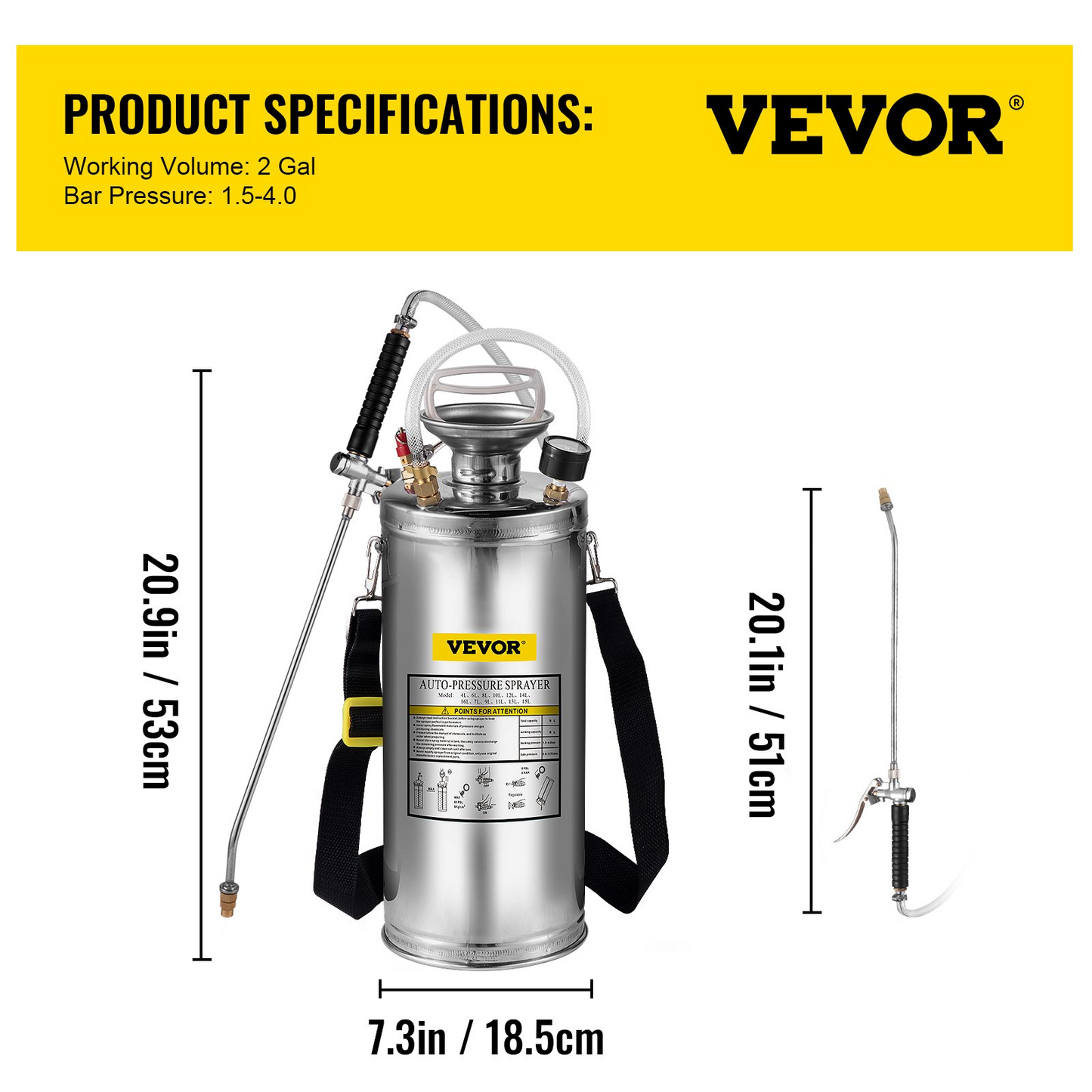 VEVOR 2Gal Stainless Steel Sprayer, Set with 20" Wand& Handle& 3FT Reinforced Hose, Hand Pump Sprayer with Pressure Gauge&Safety Valve, Adjustable Nozzle Suitable for Gardening and Sanitizing