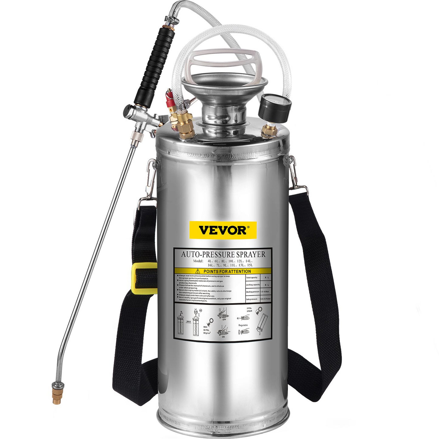 VEVOR 2Gal Stainless Steel Sprayer, Set with 20" Wand& Handle& 3FT Reinforced Hose, Hand Pump Sprayer with Pressure Gauge&Safety Valve, Adjustable Nozzle Suitable for Gardening and Sanitizing