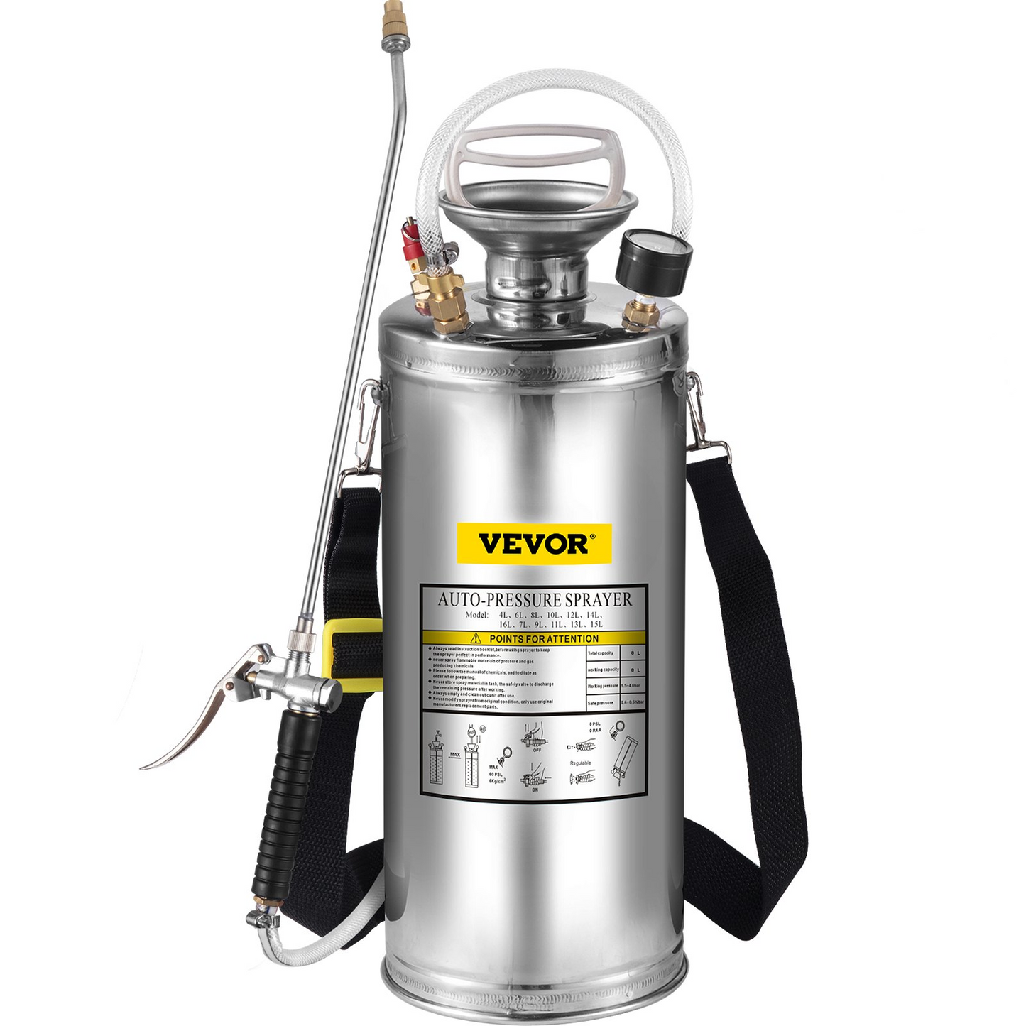 VEVOR 2Gal Stainless Steel Sprayer, Set with 20" Wand& Handle& 3FT Reinforced Hose, Hand Pump Sprayer with Pressure Gauge&Safety Valve, Adjustable Nozzle Suitable for Gardening and Sanitizing