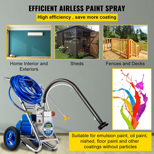 VEVOR Airless Paint Sprayer, 1500W High Efficiency Cart Airless Paint Sprayer, 1GPM 50FT Hose Paint Sprayer,Decreases Overspray by up to 55%, for Home Interior Exterior w/ 621 Tip, 6in Extension Bar