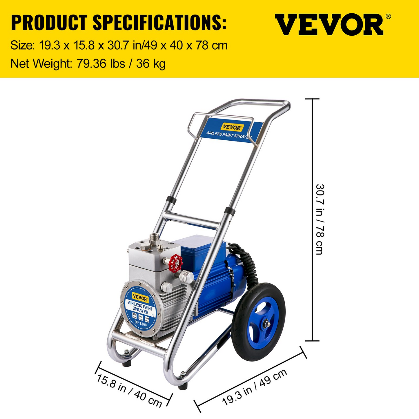 VEVOR Airless Paint Sprayer, 1500W High Efficiency Cart Airless Paint Sprayer, 1GPM 50FT Hose Paint Sprayer,Decreases Overspray by up to 55%, for Home Interior Exterior w/ 621 Tip, 6in Extension Bar