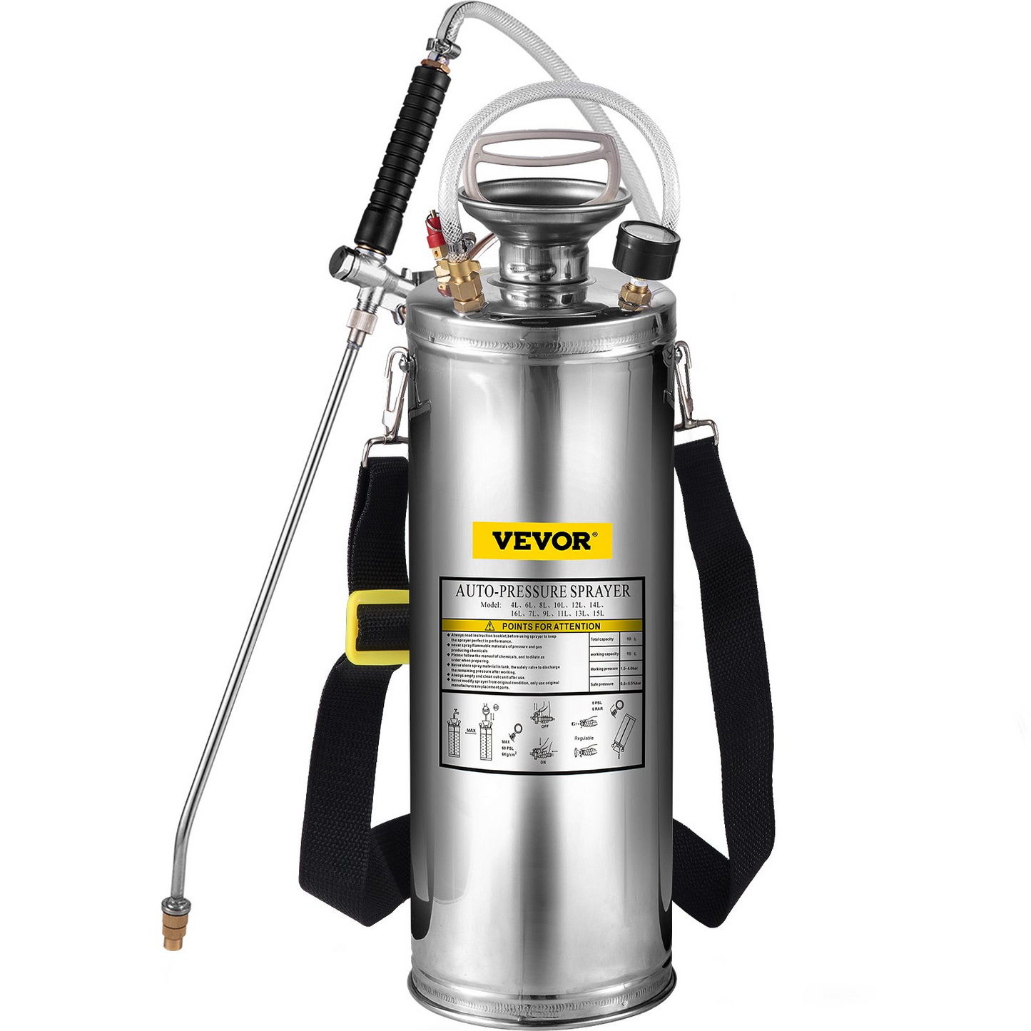 VEVOR 3Gal Stainless Steel Sprayer, Set with 20" Wand& Handle& 3FT Reinforced Hose, Hand Pump Sprayer with Pressure Gauge&Safety Valve, Adjustable Nozzle Suitable for Gardening and Sanitizing