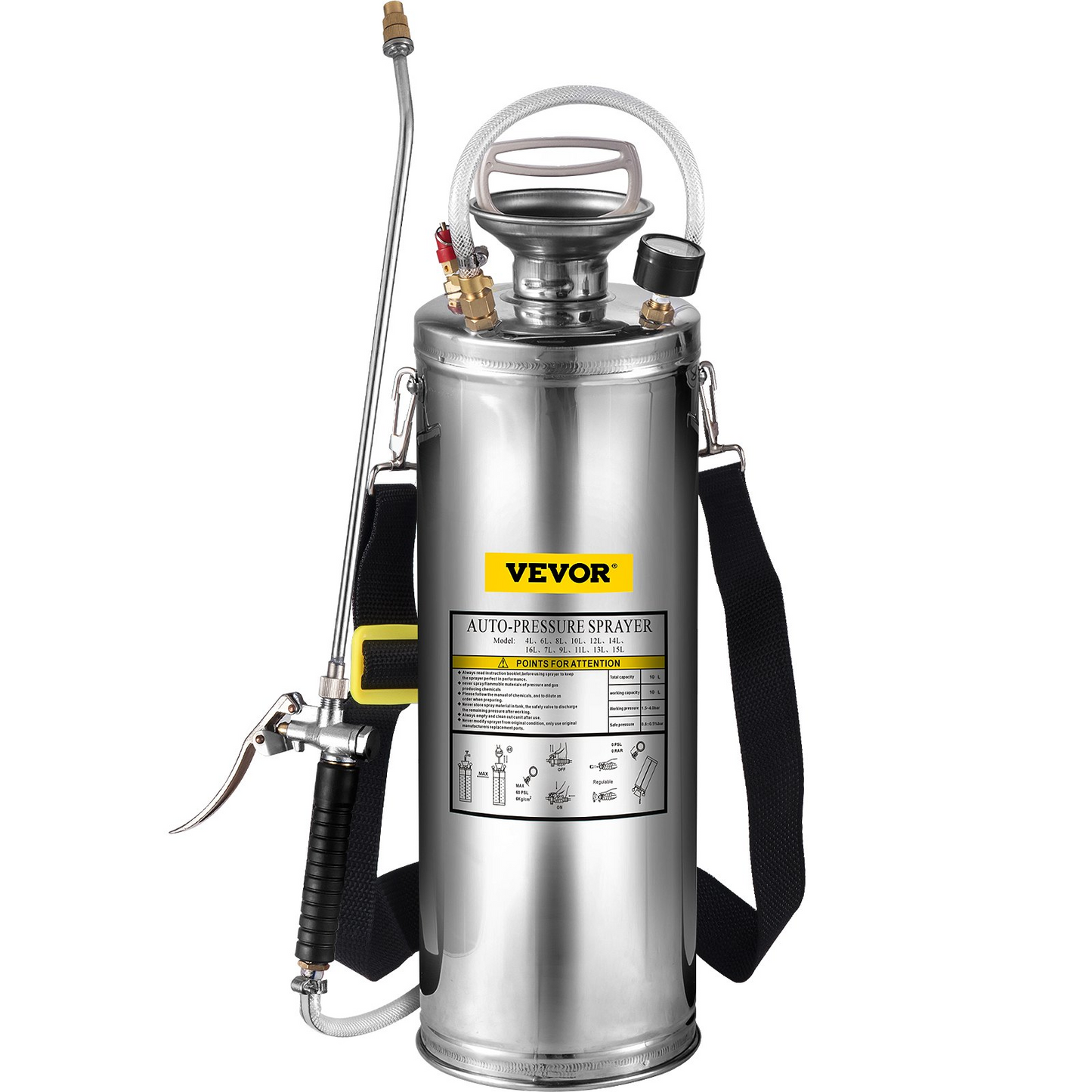 VEVOR 3Gal Stainless Steel Sprayer, Set with 20" Wand& Handle& 3FT Reinforced Hose, Hand Pump Sprayer with Pressure Gauge&Safety Valve, Adjustable Nozzle Suitable for Gardening and Sanitizing