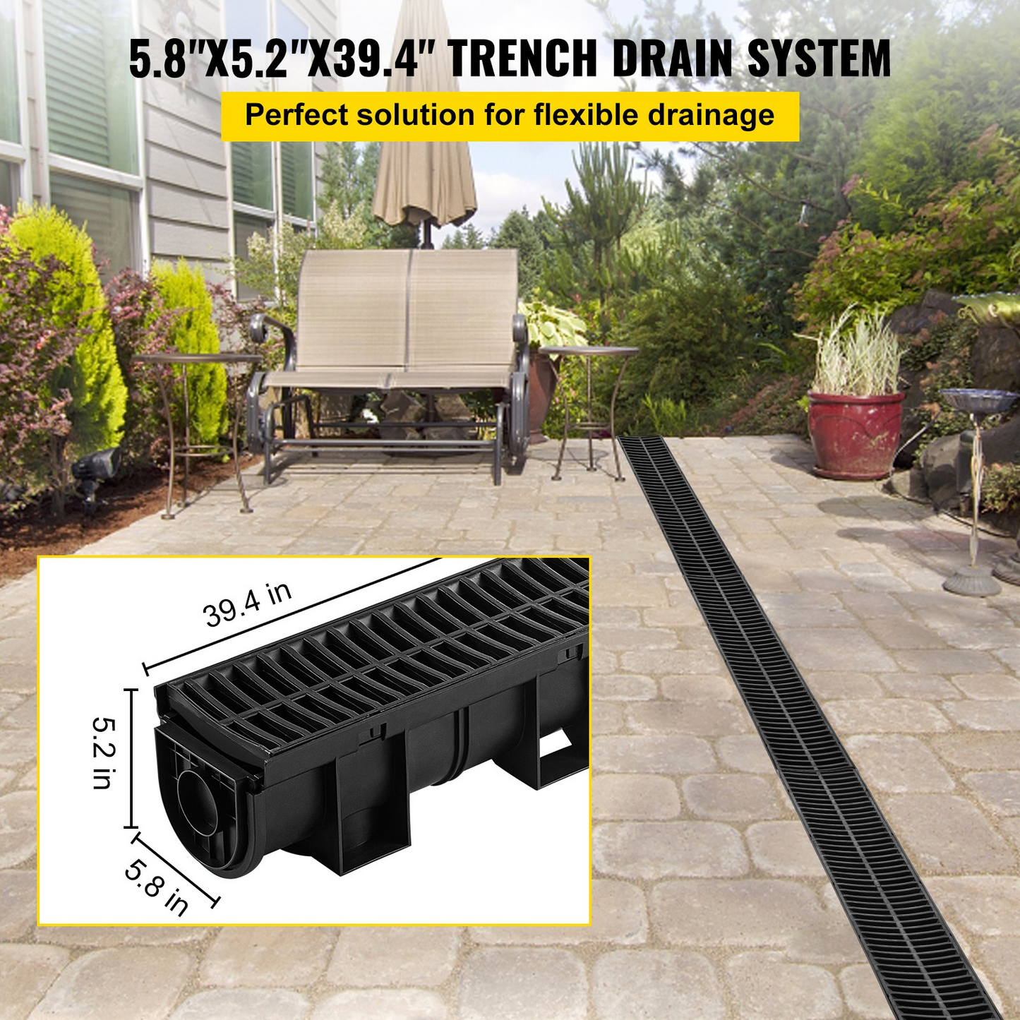 VEVOR Trench Drain System,5.8x5.2x39.4-Inch HDPE Drainage Trench,Channel Drain with Plastic Grate,Black Plastic Garage Floor Drain,3x39 Trench Drain Grate,with 3 End Caps, for Garden, Driveway-3 Pack