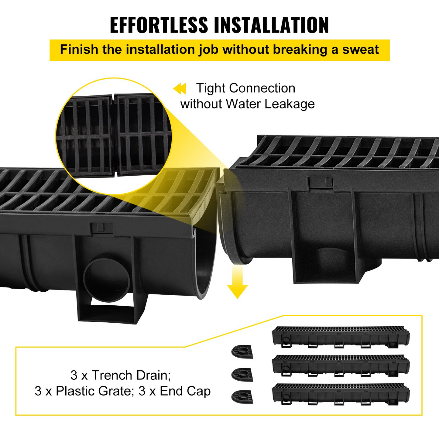 VEVOR Trench Drain System,5.8x5.2x39.4-Inch HDPE Drainage Trench,Channel Drain with Plastic Grate,Black Plastic Garage Floor Drain,3x39 Trench Drain Grate,with 3 End Caps, for Garden, Driveway-3 Pack