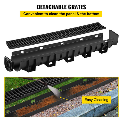 VEVOR Trench Drain System,5.8x5.2x39.4-Inch HDPE Drainage Trench,Channel Drain with Plastic Grate,Black Plastic Garage Floor Drain,3x39 Trench Drain Grate,with 3 End Caps, for Garden, Driveway-3 Pack