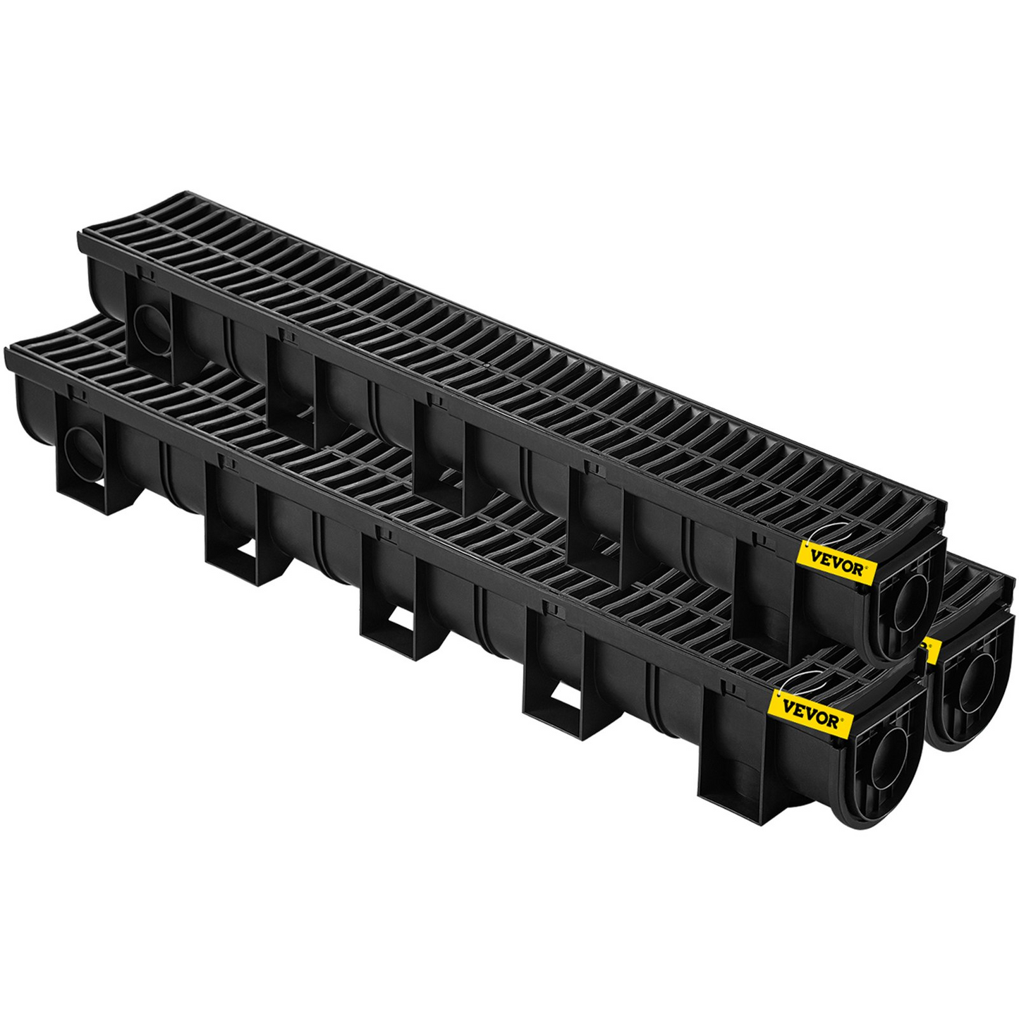 VEVOR Trench Drain System,5.8x5.2x39.4-Inch HDPE Drainage Trench,Channel Drain with Plastic Grate,Black Plastic Garage Floor Drain,3x39 Trench Drain Grate,with 3 End Caps, for Garden, Driveway-3 Pack