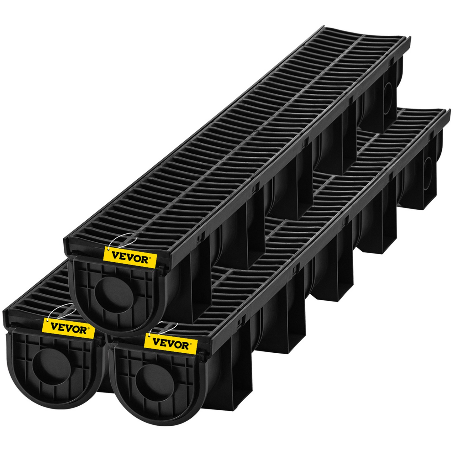 VEVOR Trench Drain System,5.8x5.2x39.4-Inch HDPE Drainage Trench,Channel Drain with Plastic Grate,Black Plastic Garage Floor Drain,3x39 Trench Drain Grate,with 3 End Caps, for Garden, Driveway-3 Pack