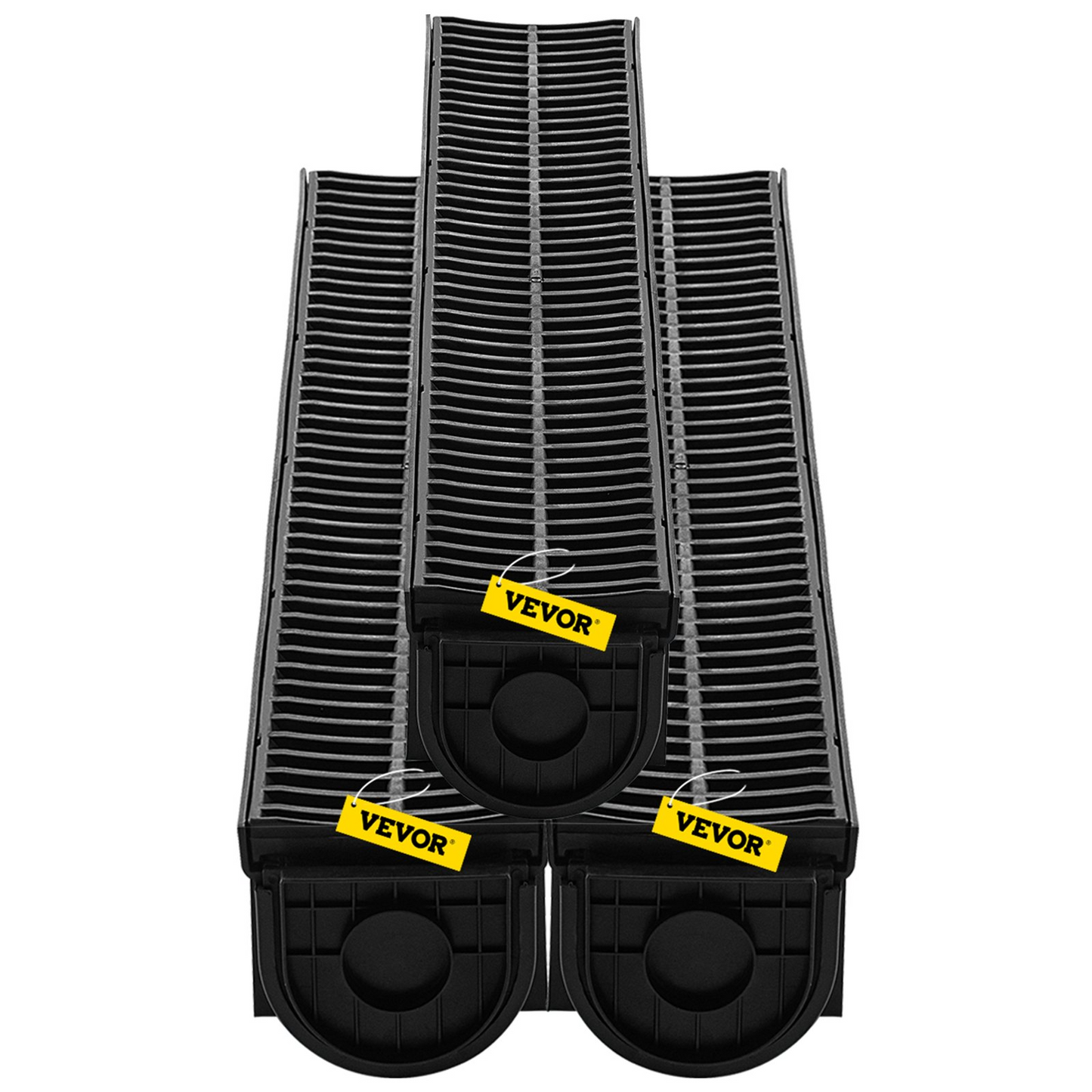 VEVOR Trench Drain System,5.8x5.2x39.4-Inch HDPE Drainage Trench,Channel Drain with Plastic Grate,Black Plastic Garage Floor Drain,3x39 Trench Drain Grate,with 3 End Caps, for Garden, Driveway-3 Pack