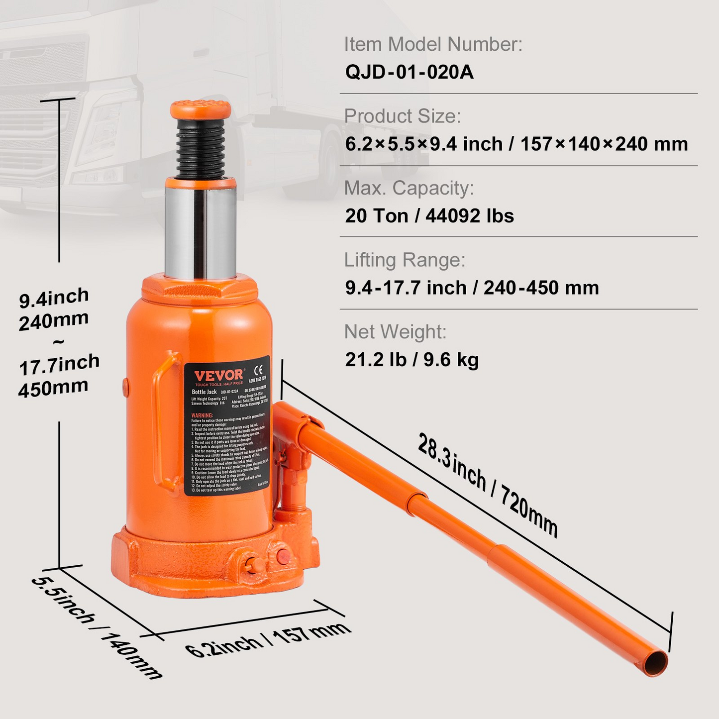 VEVOR Hydraulic Bottle Jack, 20 Ton/44092 LBS All Welded Bottle Jack, 7.5-14 inch Lifting Range, with 3-section Long Handle, for Car, Pickup Truck, Truck, RV, Auto Repair, Industrial Engineering