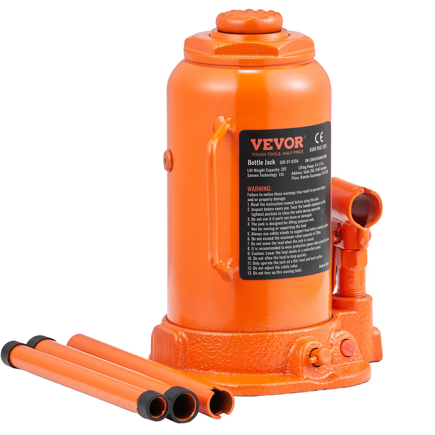 VEVOR Hydraulic Bottle Jack, 20 Ton/44092 LBS All Welded Bottle Jack, 7.5-14 inch Lifting Range, with 3-section Long Handle, for Car, Pickup Truck, Truck, RV, Auto Repair, Industrial Engineering