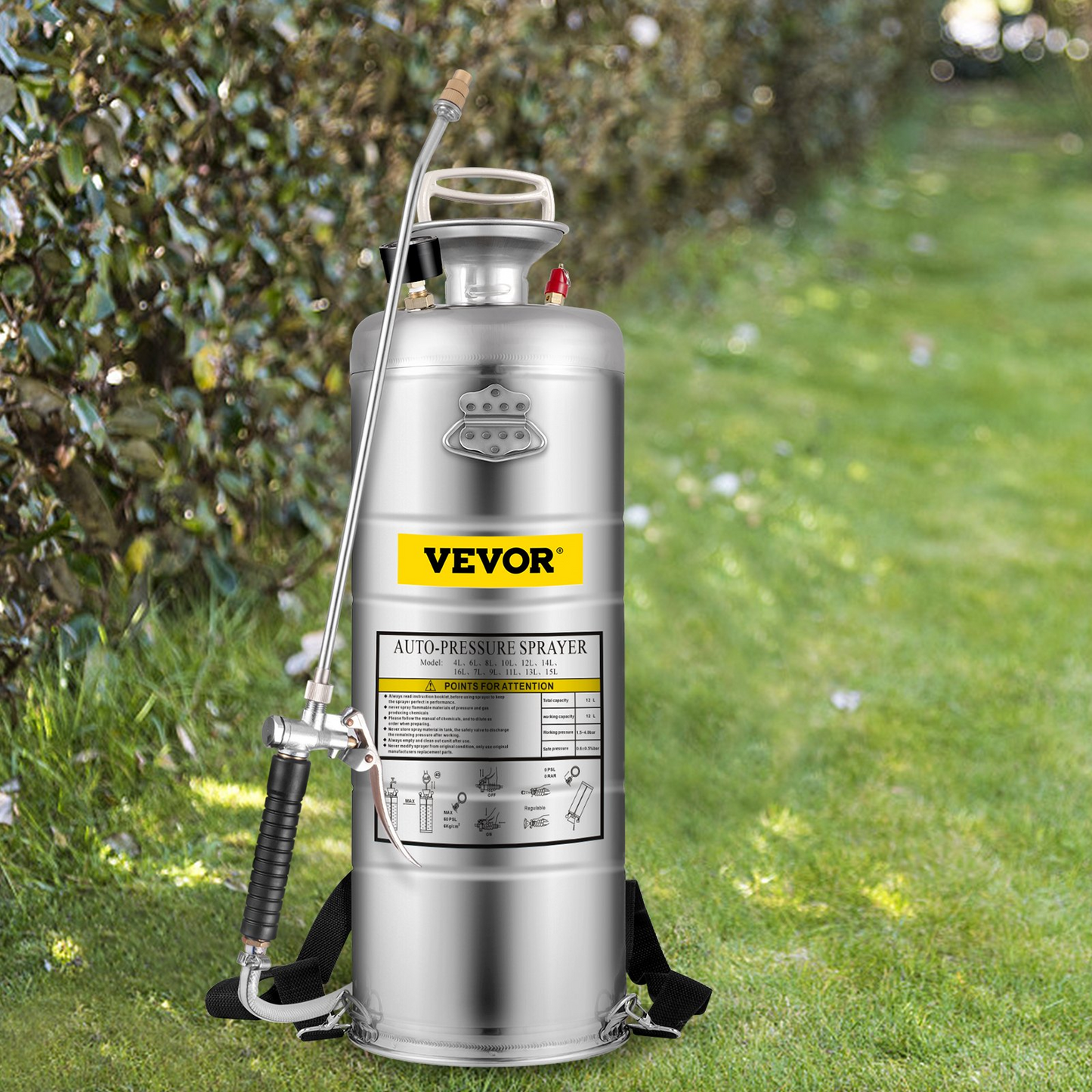 VEVOR 3.5Gal Stainless Steel Sprayer,l Set with 20" Wand& Handle& 3FT Reinforced Hose, Hand Pump Sprayer with Pressure Gauge&Safety Valve, Adjustable Nozzle Suitable for Gardening& Sanitizing