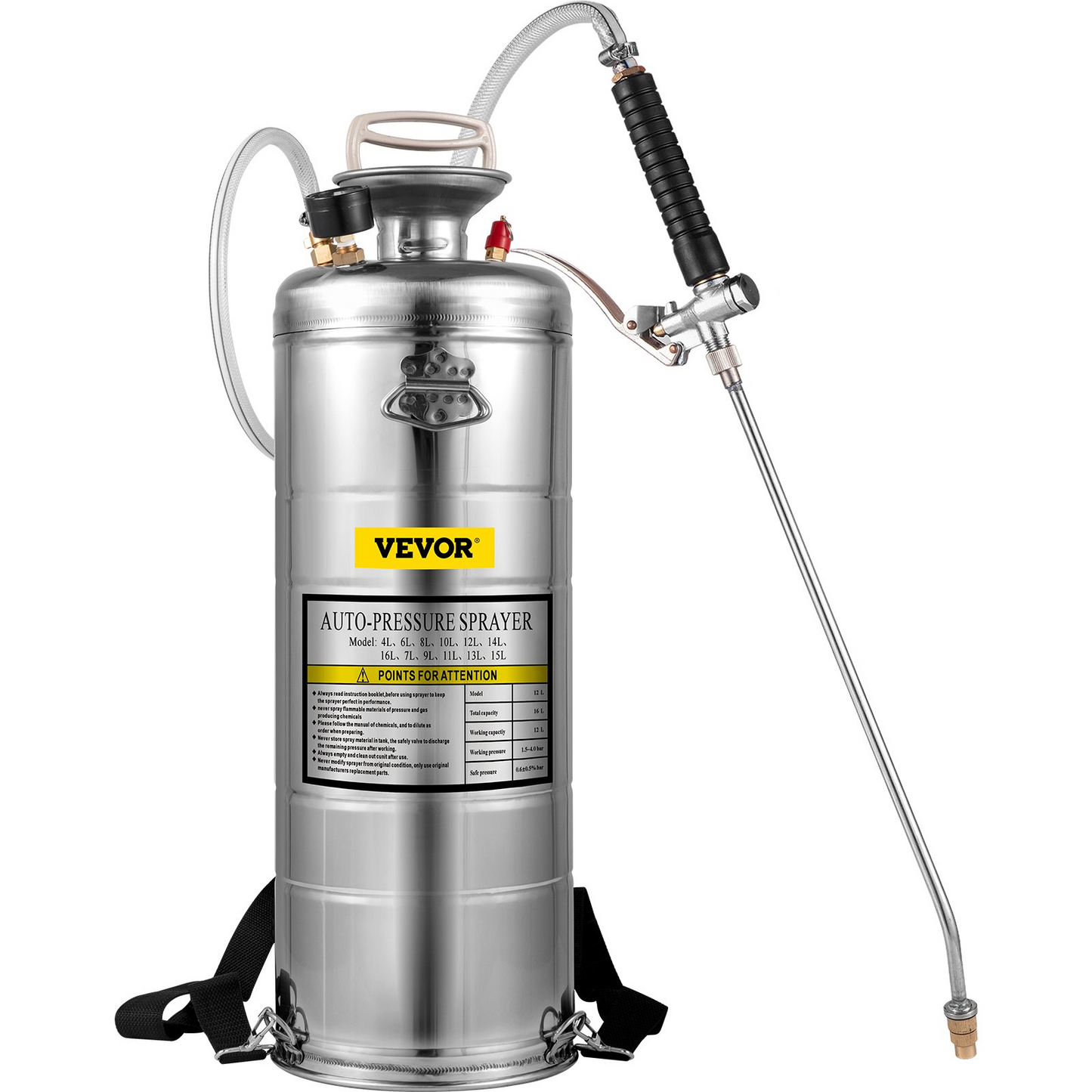 VEVOR 3.5Gal Stainless Steel Sprayer,l Set with 20" Wand& Handle& 3FT Reinforced Hose, Hand Pump Sprayer with Pressure Gauge&Safety Valve, Adjustable Nozzle Suitable for Gardening& Sanitizing