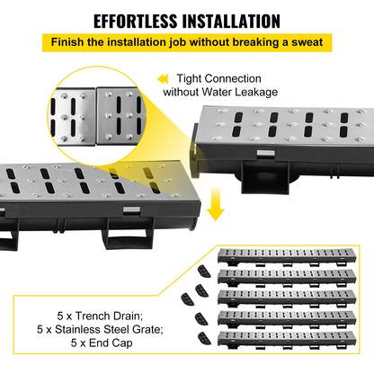 VEVOR Trench Drain System, Channel Drain with Metal Grate, 5.7x3.1-Inch HDPE Drainage Trench, Black Plastic Garage Floor Drain, 5x39 Trench Drain Grate, with 5 End Caps, for Garden, Driveway-5 Pack