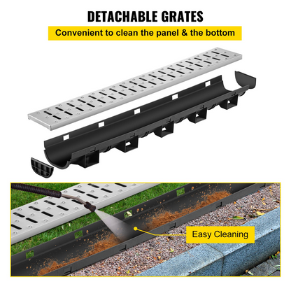 VEVOR Trench Drain System, Channel Drain with Metal Grate, 5.7x3.1-Inch HDPE Drainage Trench, Black Plastic Garage Floor Drain, 5x39 Trench Drain Grate, with 5 End Caps, for Garden, Driveway-5 Pack