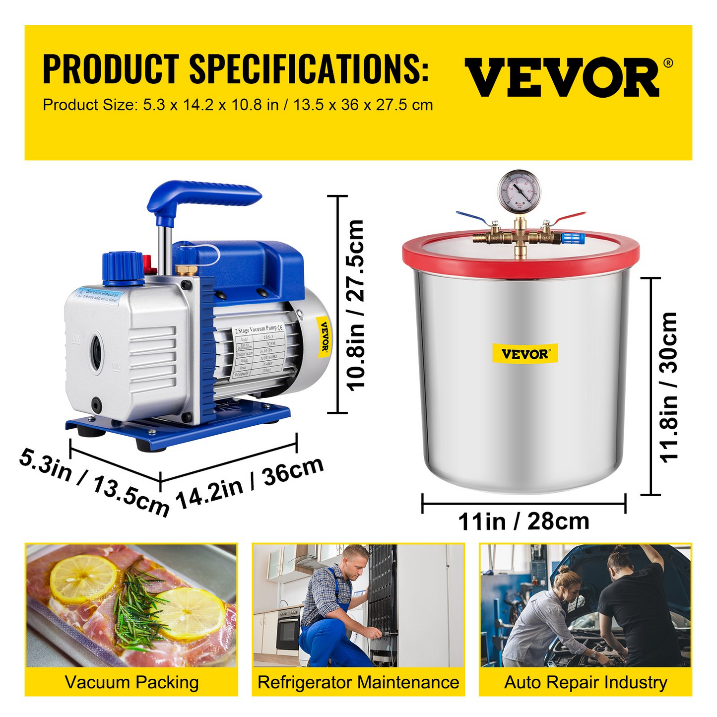 VEVOR Vacuum Pump 7 CFM 3/4HP Dual Stages Air Conditioning Vacuum Pump 2Stage With 5 Gallon Vacuum Chamber Ultimate Vacuum Manifold Gauge Set, Manifold Gauge and Hose for Air Conditioning Systems