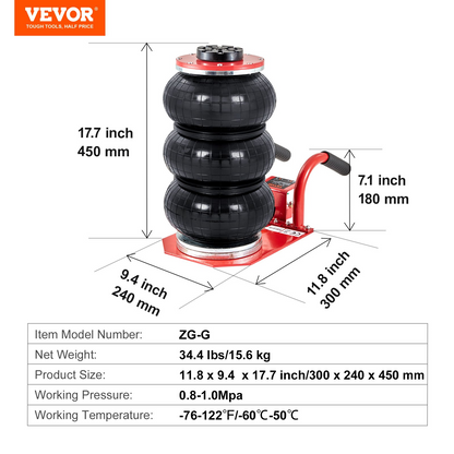 VEVOR Air Jack, 3 Ton/6600 lbs Triple Bag Air Jack, Airbag Jack with Six Steel Pipes, Lift up to 17.7 inch/450 mm, 3-5 s Fast Lifting Pneumatic Jack, with Side Handles for Car, Garage, Repair (Red)