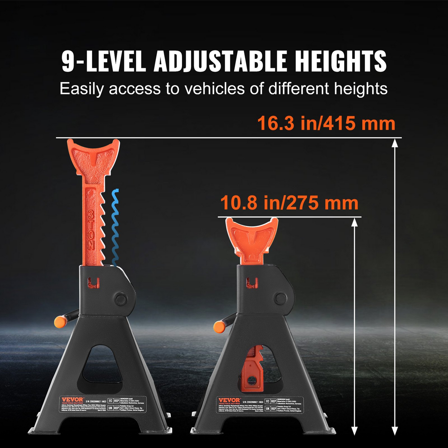 VEVOR Jack Stands, 3 Ton (6,000 lbs) Capacity Car Jack Stands, 10.8-16.3 inch Adjustable Height, for lifting SUV, Pickup Truck, Car and UTV/ATV, Red, 1 Pair