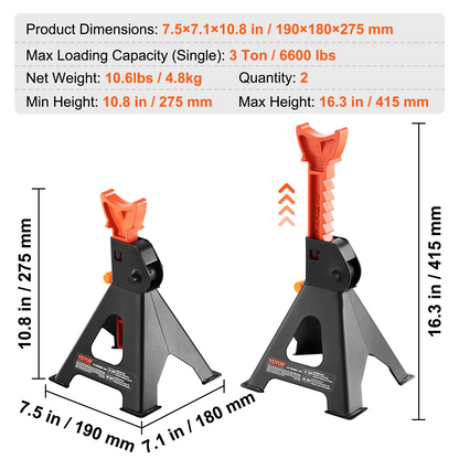 VEVOR Jack Stands, 3 Ton (6,000 lbs) Capacity Car Jack Stands, 10.8-16.3 inch Adjustable Height, for lifting SUV, Pickup Truck, Car and UTV/ATV, Red, 1 Pair