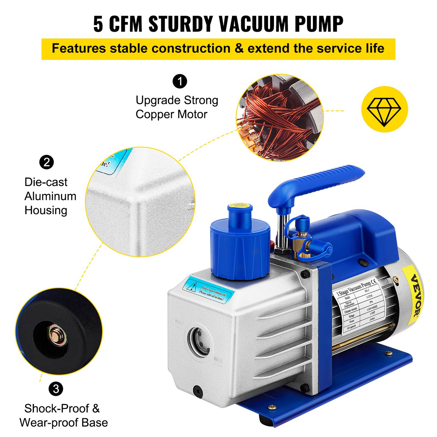 VEVOR Vacuum Chamber with Pump, 5 Gallon Chamber, 5CFM 1/3 HP Single Stage Rotary Vane Vacuum Pump, 110V HVAC Air Tool Set for Stabilizing Wood, Degassing Silicones, Epoxies and Essential Oils