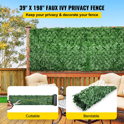 VEVOR Ivy Privacy Fence Screen, 39"x198" PP Faux Leaf Artificial Hedges, 3-Layers Indoor or Outdoor Greenery Leaves Panel, Multi-use for Garden, Yard, Decor, Balcony, Patio, Home, Green, 39 x 198 Inch