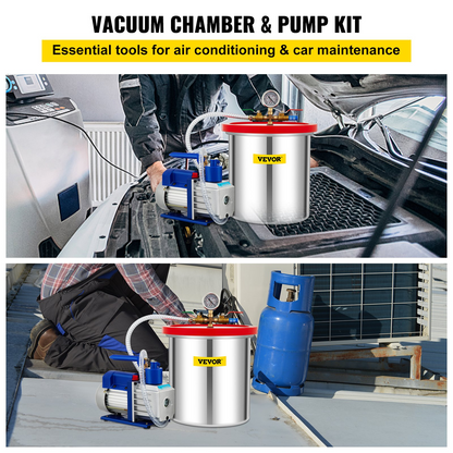 VEVOR Vacuum Chamber with Pump, 5 Gallon Chamber, 5 CFM 1/3 HP Single Stage Rotary Vane Vacuum Pump, 110 V HVAC Air Tool Set for Stabilizing Wood, Degassing Silicones, Epoxies and Essential Oils