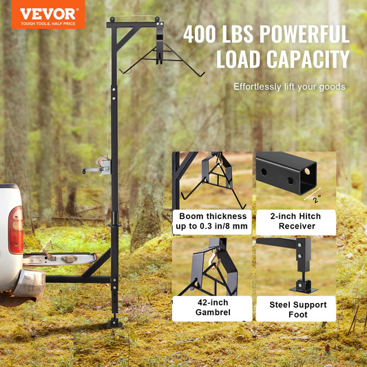 VEVOR Hitch Mounted Deer Hoist, 400 lbs Load Capacity, Hitch Game Hoist, Truck Hitch Deer Hoist with Winch Lift Gambrel Set, 2-inch Hitch Receiver, Foot Base, Adjustable Height and 360 Degrees Swivel