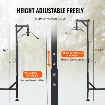 VEVOR Hitch Mounted Deer Hoist, 400 lbs Load Capacity, Hitch Game Hoist, Truck Hitch Deer Hoist with Winch Lift Gambrel Set, 2-inch Hitch Receiver, Foot Base, Adjustable Height and 360 Degrees Swivel